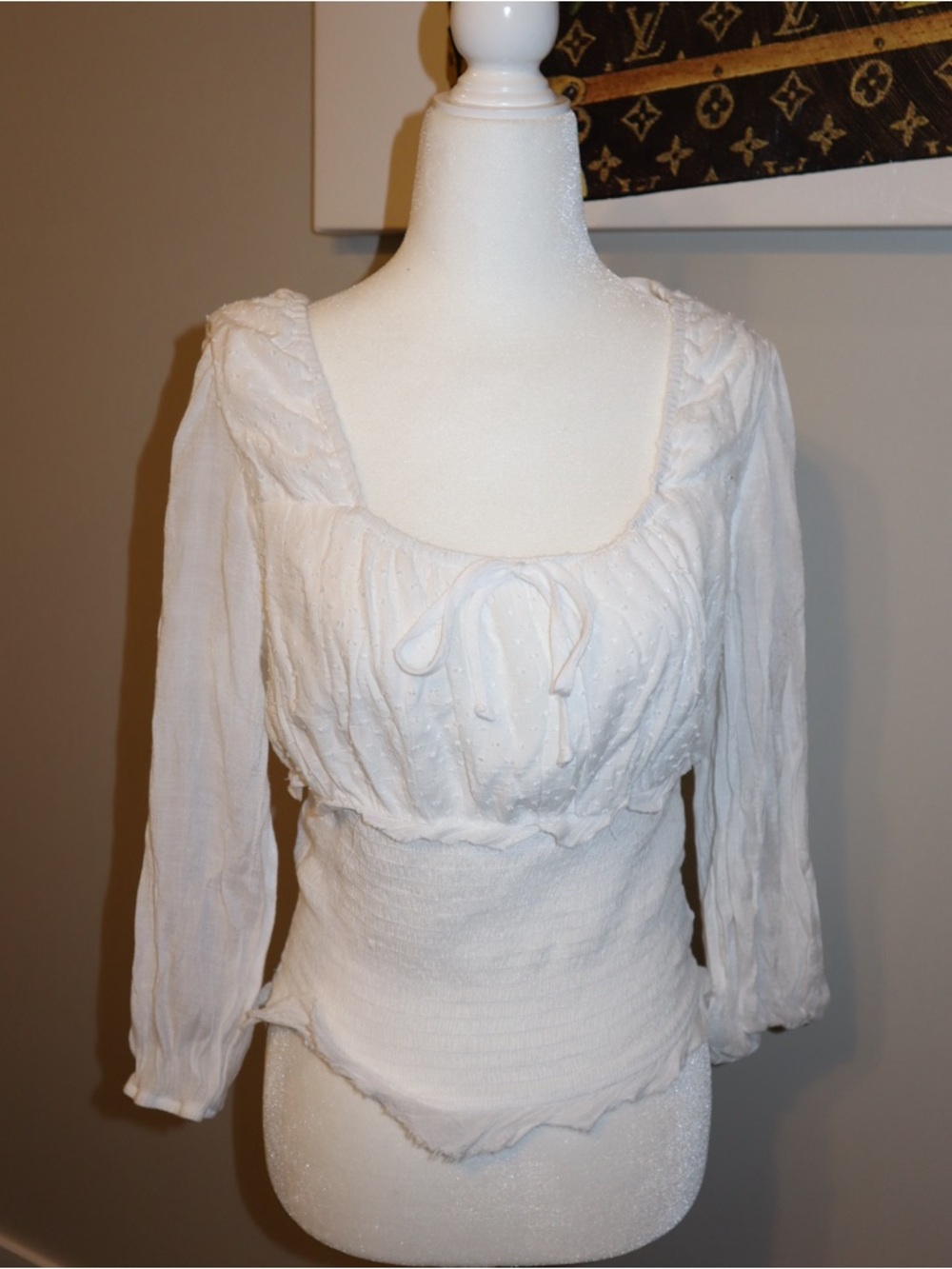 Women's White Peasant Blouse with Scoop Neck size L